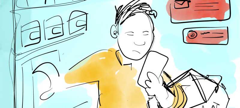 man kijkt op telefoon en is afgeleid - illustratie- roadbearstudios